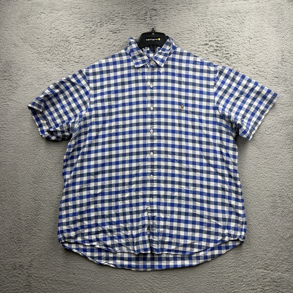 Ralph Lauren Button Down Shirt Mens 2XL Blue Check Big Short Sleeve Casual